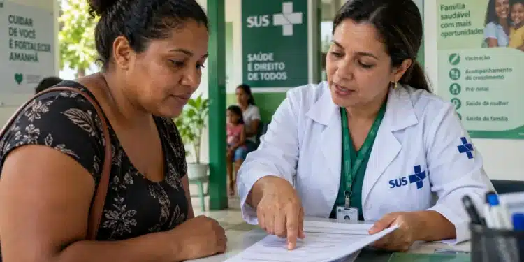 Mulher recebe orientações de uma profissional de saúde do SUS, representando o atendimento relacionado ao acompanhamento das condicionalidades do Bolsa Família.