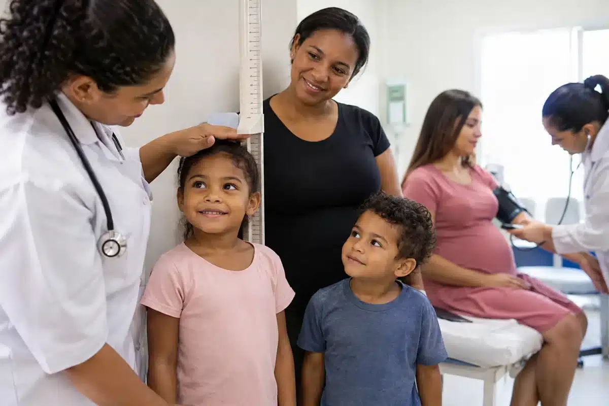 Quem recebe Bolsa Família deve atender convocação da Saúde para acompanhamento das condicionalidades 2 Profissional de saúde mede a altura de uma criança durante atendimento em unidade de saúde, acompanhada pela mãe e pelo irmão, enquanto uma gestante recebe cuidados médicos.