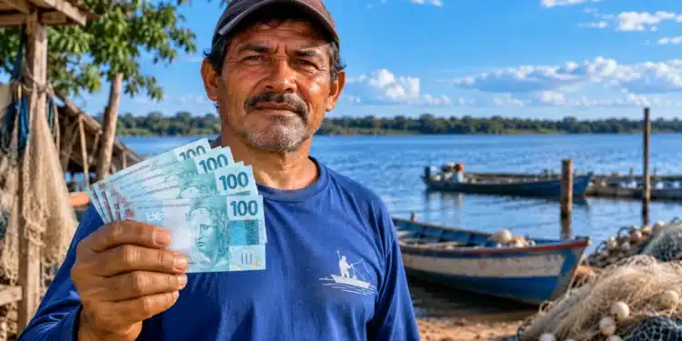 Pescadores ganham mais tempo para pedir o Seguro-Defeso; pedido vai até 90 dias após o início do defeso 1 Pescador artesanal segurando notas de R$ 100 à beira de um rio, em referência à ampliação do prazo para solicitar o Seguro-Defeso.