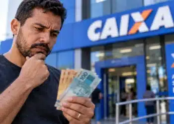 Antecipação do saque-aniversário cai para três parcelas em 1º de novembro; regra atual vale até dia 31 5 Homem com dinheiro nas mãos em frente à Caixa, representando a antecipação do saque-aniversário do FGTS