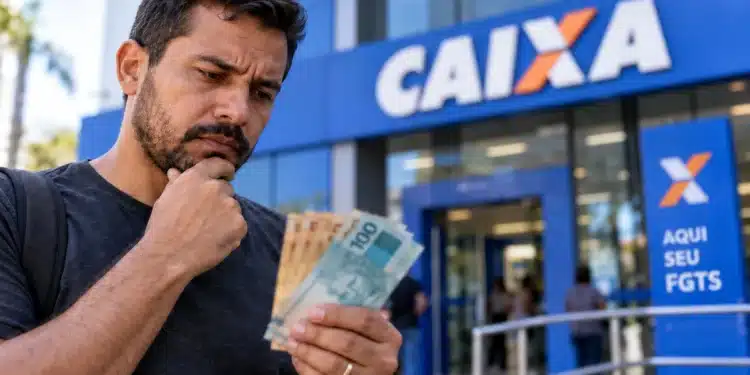 Homem com dinheiro nas mãos em frente à Caixa, representando a antecipação do saque-aniversário do FGTS