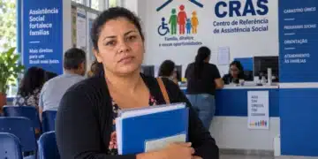 Mulher aguarda atendimento no CRAS segurando documentos, representando a atualização do Cadastro Único.