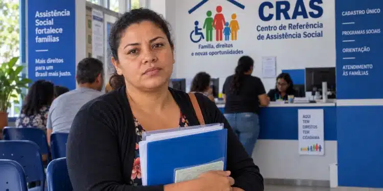 Mulher aguarda atendimento no CRAS segurando documentos, representando a atualização do Cadastro Único.