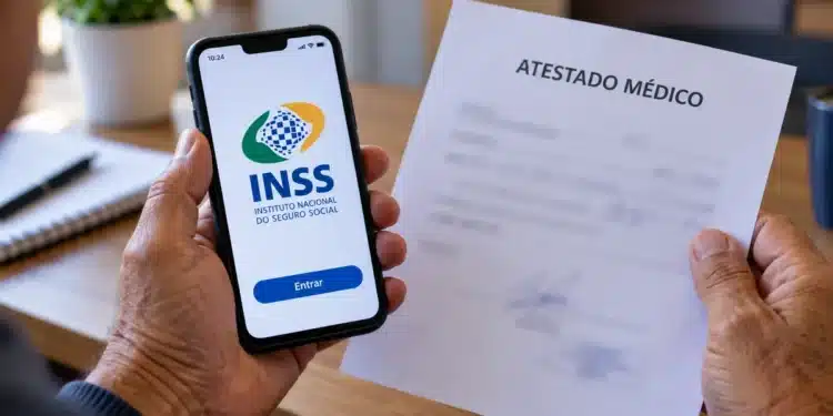 Mãos seguram celular com acesso ao INSS e atestado médico
