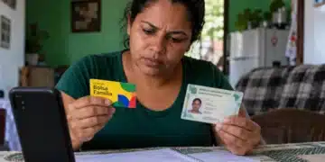 Mulher com expressão de preocupação segura o cartão com nome do Bolsa Família e um documento de identidade, representando a atualização cadastral com identificação biométrica.