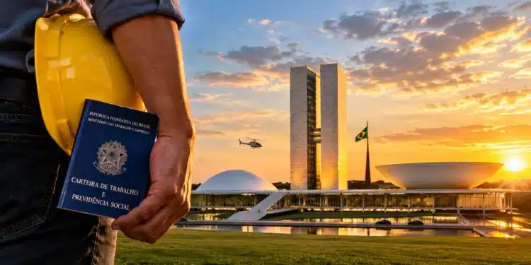 Trabalhador segura capacete e carteira de trabalho diante do Congresso Nacional, em referência ao fim da escala 6x1.