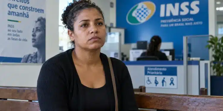 Mulher aguardando atendimento em uma agência do INSS, representando o benefício por afastamento do trabalho em decorrência de violência doméstica.