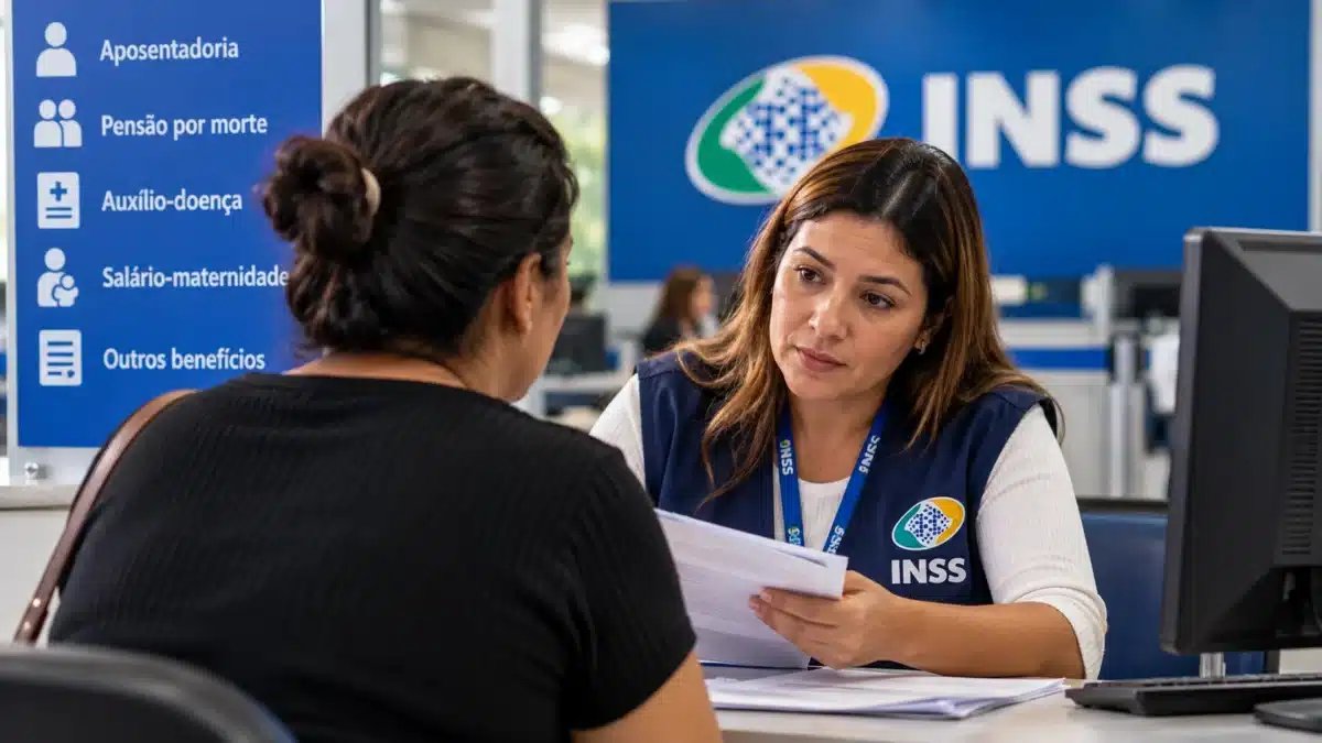 INSS concede 743 mil benefícios até setembro e média mensal sobe 70% em relação a 2022 2 Mulher recebe atendimento de funcionária do INSS em uma agência.