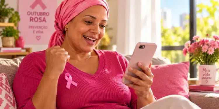 Mulher com lenço rosa na cabeça e laço do Outubro Rosa na blusa sorri ao olhar para o celular, sentada no sofá de sua casa.