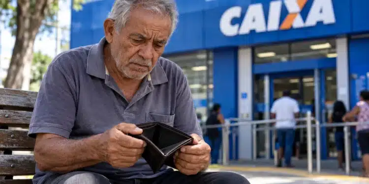 Idoso segura carteira vazia em frente a uma agência da Caixa, em referência ao BPC sem pagamento de 13º salário.