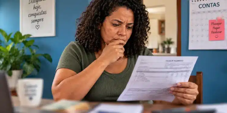Mulher com expressão de preocupação analisa uma folha de pagamento em casa, representando o cálculo da média salarial para o recebimento do abono salarial.