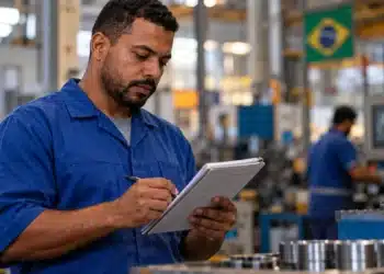 Fim da escala 6x1: veja como será feito o cálculo das horas de trabalho 6 Trabalhador de uniforme azul registra informações em uma prancheta dentro de uma fábrica, representando o controle das horas de trabalho com o fim da escala 6x1.
