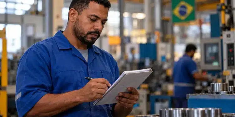 Trabalhador de uniforme azul registra informações em uma prancheta dentro de uma fábrica, representando o controle das horas de trabalho com o fim da escala 6x1.