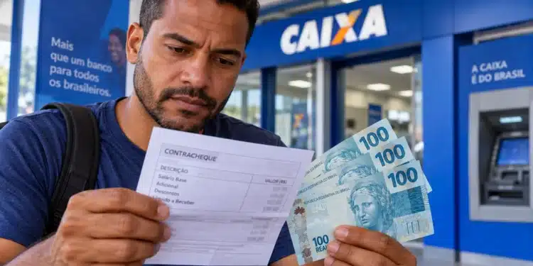 Trabalhador confere contracheque e dinheiro, representando o cálculo do valor do seguro-desemprego em 2026.
