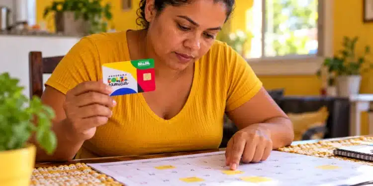 Mulher segura cartão do Bolsa Família enquanto consulta calendário de pagamentos com datas destacadas sobre a mesa.