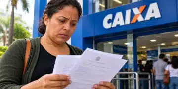 Mulher analisa documentos em frente à Caixa Econômica Federal, ilustrando a situação de famílias com Bolsa Família cancelado na revisão cadastral.