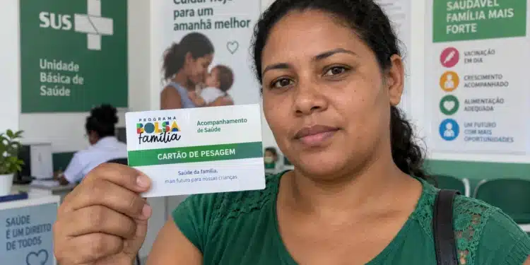 Mulher segura cartão de pesagem do Bolsa Família em uma unidade de saúde.