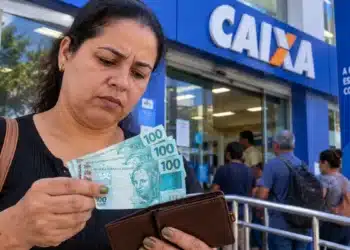 Saque Calamidade do FGTS: confira a lista de cidades habilitadas em outubro de 2026 e o prazo de cada uma 6 Mulher segura notas de R$ 100 e uma carteira em frente a uma agência da Caixa Econômica Federal, com pessoas aguardando atendimento ao fundo.