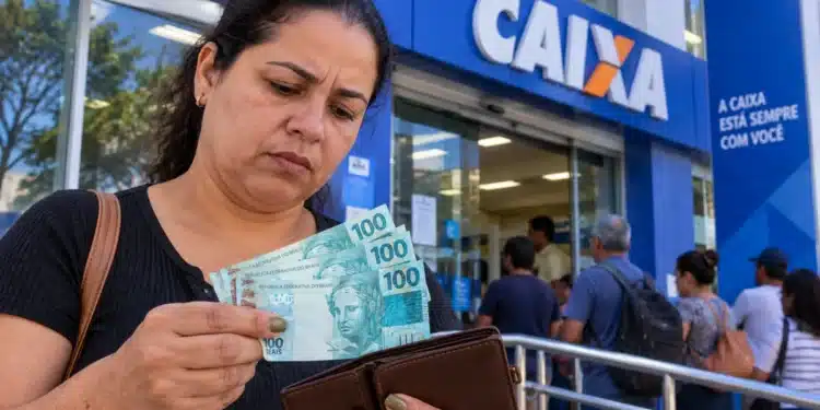 Mulher segura notas de R$ 100 e uma carteira em frente a uma agência da Caixa Econômica Federal, com pessoas aguardando atendimento ao fundo.