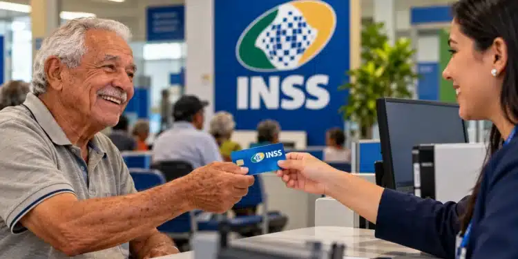 Idoso recebe cartão durante atendimento do INSS em agência de atendimento