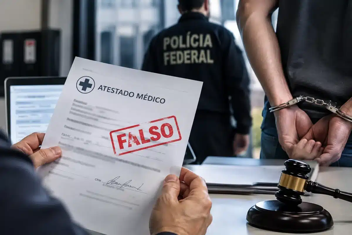 Atestado médico enviado ao INSS pela internet é conferido por inteligência artificial; entenda como 2 Atestado médico falso sendo analisado, representando as consequências em casos de fraude.