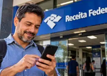 Receita libera consulta ao lote residual do IRPF 2026 nesta sexta (23); crédito sai no dia 30 6 Homem utilizando o celular em frente a uma unidade da Receita Federal, representando a consulta ao lote residual de restituição do IRPF 2026.