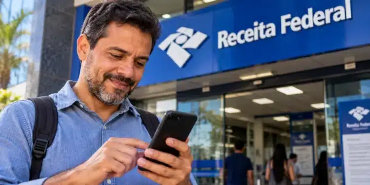 Homem utilizando o celular em frente a uma unidade da Receita Federal, representando a consulta ao lote residual de restituição do IRPF 2026.