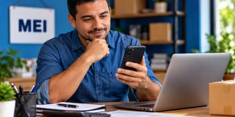 Empreendedor MEI consulta o celular, representando o contato do Governo por mensagem relacionado ao perdão de dívidas tributárias.