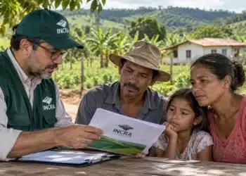 Crédito Instalação do Incra: quem pode acessar, quais são as modalidades e como o recurso chega à família 6 Família de agricultores acompanhando orientações de um representante do Incra sobre o Crédito Instalação.