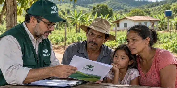 Família de agricultores acompanhando orientações de um representante do Incra sobre o Crédito Instalação.