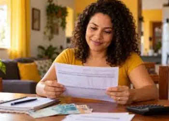 13º salário de 2026 é o primeiro com redução do Imposto de Renda; veja quanto muda até R$ 7.350 6 Mulher analisa demonstrativo de pagamento ao lado de cédulas e calculadora, em referência ao 13º salário de 2026 e à redução do Imposto de Renda.
