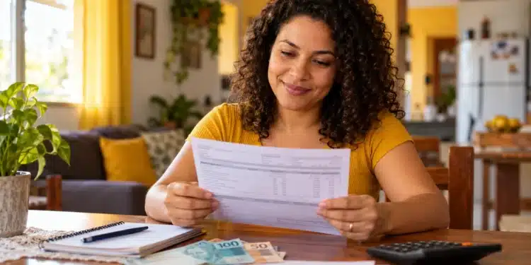 Mulher analisa demonstrativo de pagamento ao lado de cédulas e calculadora, em referência ao 13º salário de 2026 e à redução do Imposto de Renda.