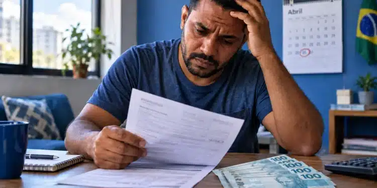 Trabalhador preocupado analisando contas representa o atraso no pagamento do salário.