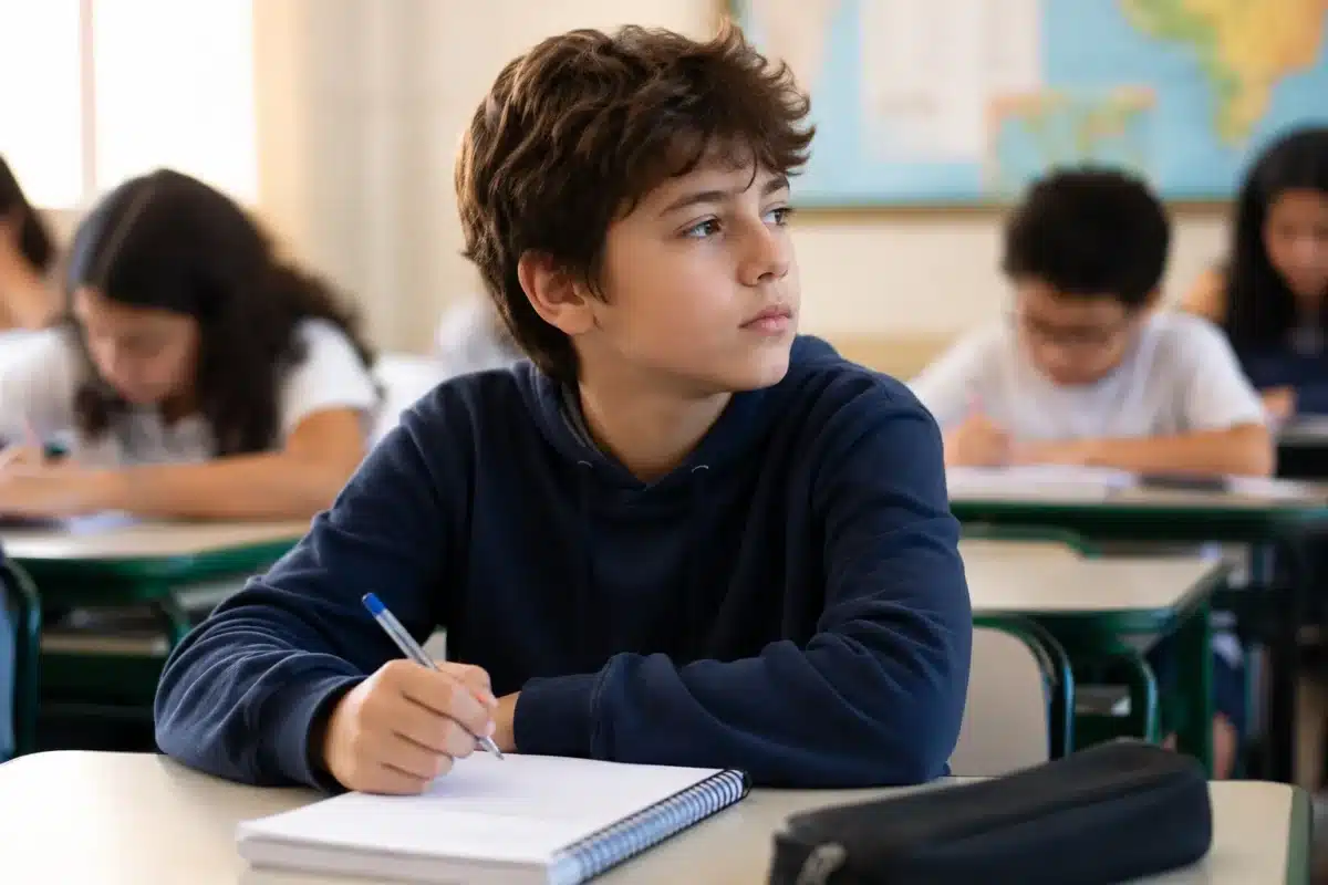 Síndrome de Tourette passa a contar como deficiência; veja o que muda no acesso ao BPC e na escola 2 Estudante sentado em sala de aula com caderno e caneta, representando os direitos de inclusão escolar de alunos com síndrome de Tourette.