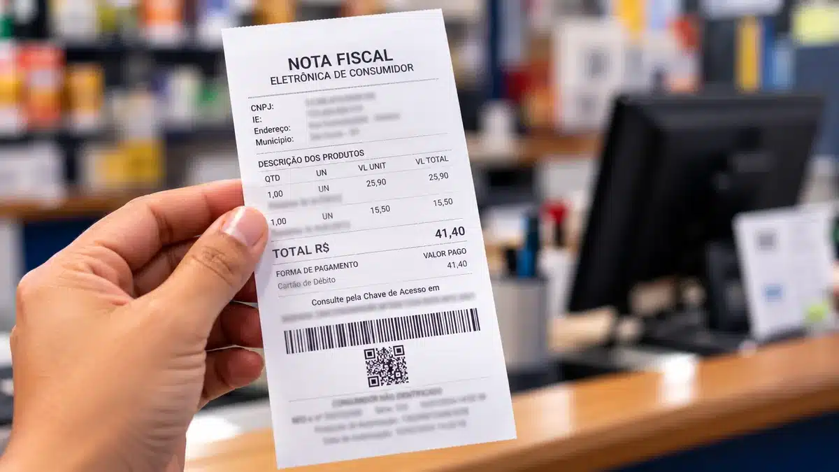 MEI poderá deixar de emitir nota fiscal eletrônica em vendas para pessoa física a partir de 2027 2 Mão segurando nota fiscal eletrônica de consumidor em estabelecimento comercial, ilustrando as regras de dispensa para MEIs e nanoempreendedores em 2027.