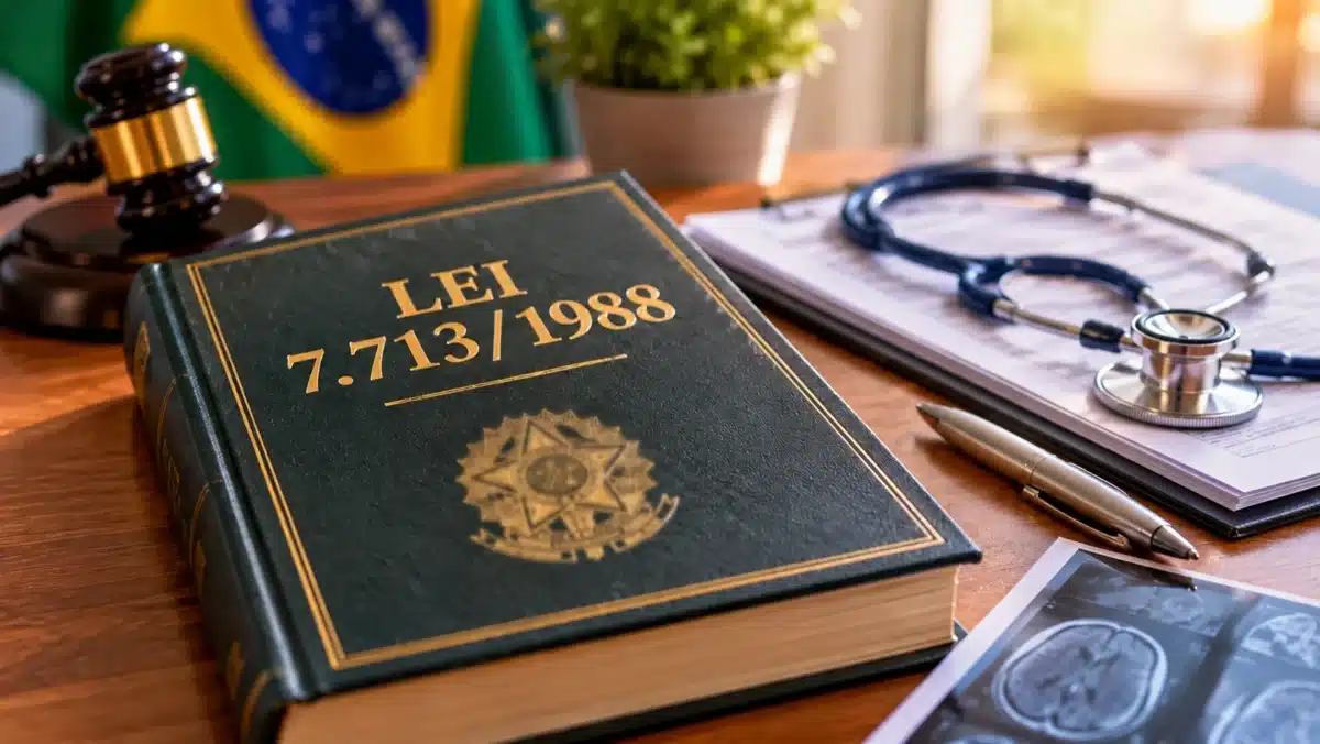 Isenção de IR pode valer para sequelas neurológicas limitantes e permanentes, prevê projeto na Câmara 2 Livro com a inscrição Lei 7.713/1988 sobre uma mesa, acompanhado de martelo de juiz, estetoscópio e exames médicos, representando as regras de isenção do Imposto de Renda por doenças graves.