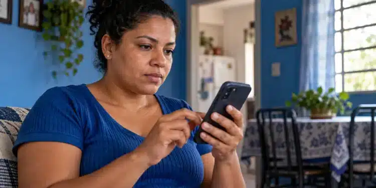 Mulher usa celular em casa para acessar serviços relacionados ao comprovante do Cadastro Único