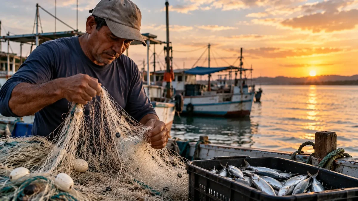 Pescadores artesanais recebem o último lote do Seguro-Defeso a partir desta sexta-feira (23), diz INSS 2 Pescador artesanal organiza rede de pesca próximo a embarcações, representando os beneficiários do Seguro-Defeso nos estados com maior número de pagamentos.