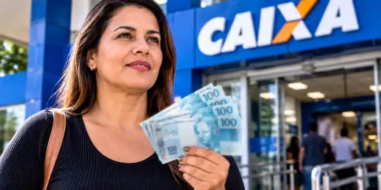 Mulher segura notas de real em frente à Caixa, representando a expansão do Saque Calamidade do FGTS de até R$ 6.220.