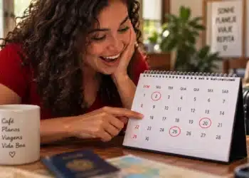 Brasil terá 3 feriados prolongados até o fim de 2026; veja as datas e programe as próximas folgas 5 Mulher sorridente observa calendário de mesa com datas circuladas em vermelho, representando os feriados prolongados de 2026.
