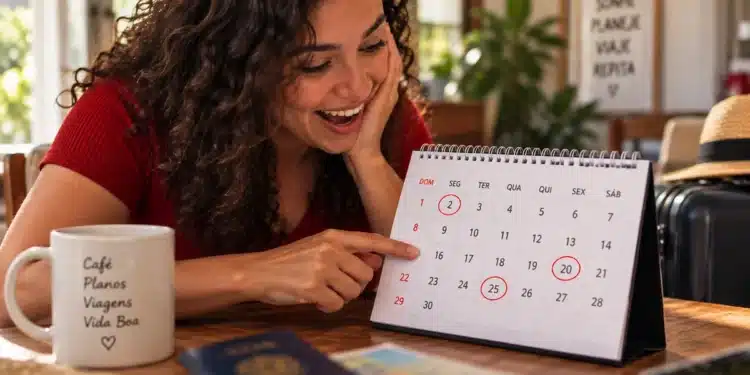 Mulher sorridente observa calendário de mesa com datas circuladas em vermelho, representando os feriados prolongados de 2026.