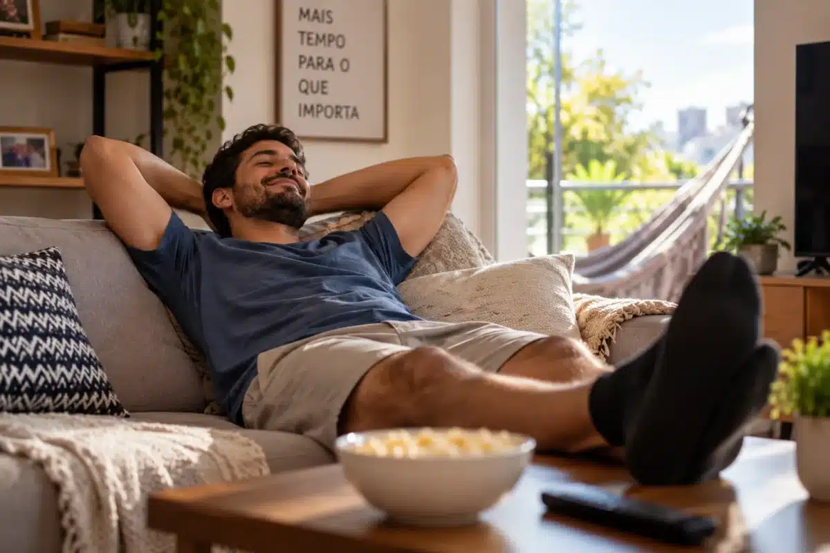 Fim da escala 6x1: veja como será feito o cálculo das horas de trabalho 2 Trabalhador descansa em casa durante dia de folga, representando o fim da escala 6x1.