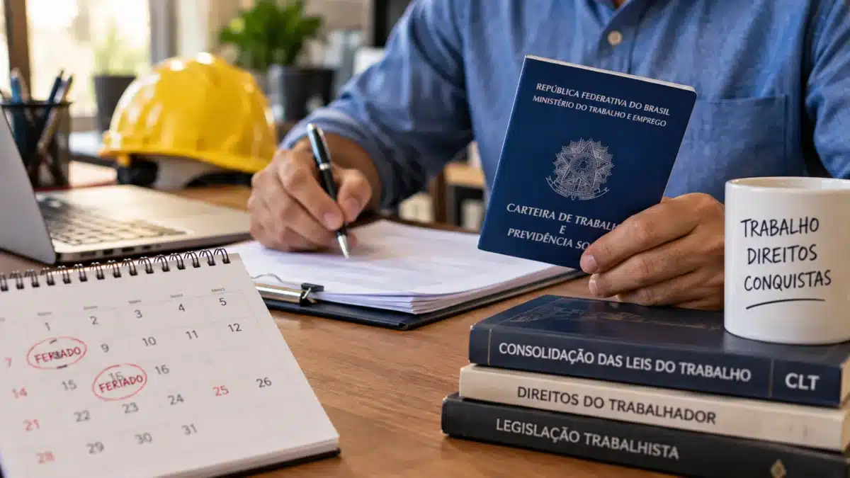 Brasil terá 3 feriados prolongados até o fim de 2026; veja as datas e programe as próximas folgas 2 Trabalhador segura carteira de trabalho e analisa documentos sobre uma mesa com calendário de feriados e livros de legislação trabalhista.
