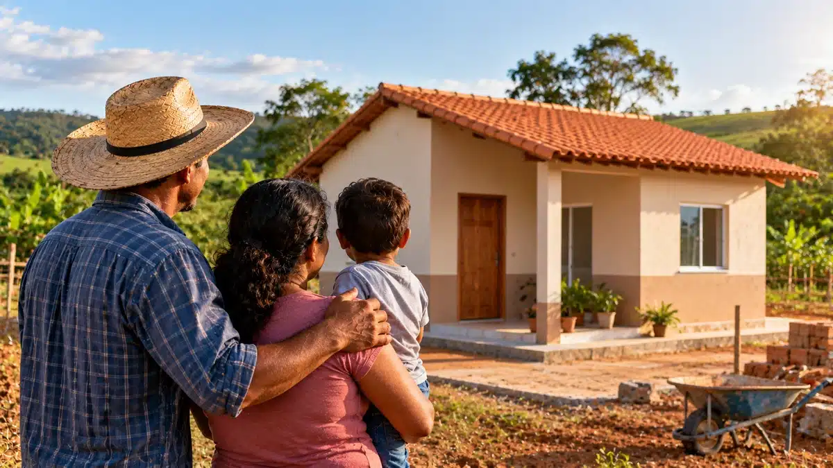 Mais de 700 unidades habitacionais estão aptas para contratação no Minha Casa, Minha Vida Rural 2 Família observa nova moradia construída em área rural, representando o funcionamento do Minha Casa, Minha Vida Rural.