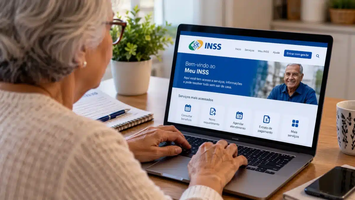 Atendimento nas agências do INSS será suspenso nesta sexta (30/10) e na próxima segunda (2/11) 2 Idosa acessa o Meu INSS pelo computador, representando o funcionamento dos canais digitais durante o fechamento das agências.
