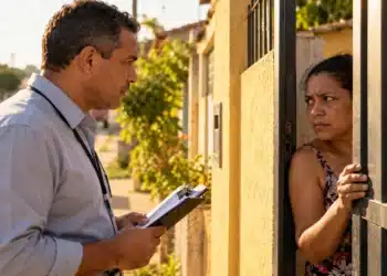 Golpe do falso entrevistador do Cadastro Único: como reconhecer a visita oficial e o que fazer 6 Mulher observa com desconfiança um homem com prancheta em frente à sua residência, representando o risco do golpe do falso entrevistador do Cadastro Único.