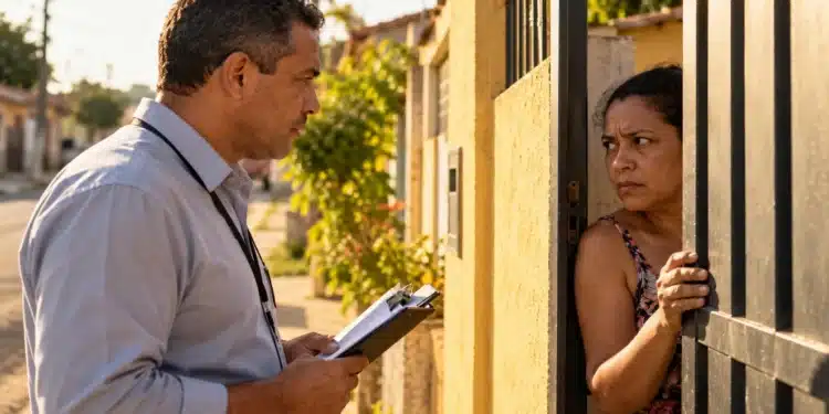 Mulher observa com desconfiança um homem com prancheta em frente à sua residência, representando o risco do golpe do falso entrevistador do Cadastro Único.