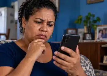 PixMEI ainda não tem repasse: ministro alerta para golpes com cadastros falsos do apoio de até R$ 5 mil 6 Mulher com expressão de preocupação observa a tela do celular em casa, ilustrando o alerta sobre golpes com cadastros falsos do PixMEI.