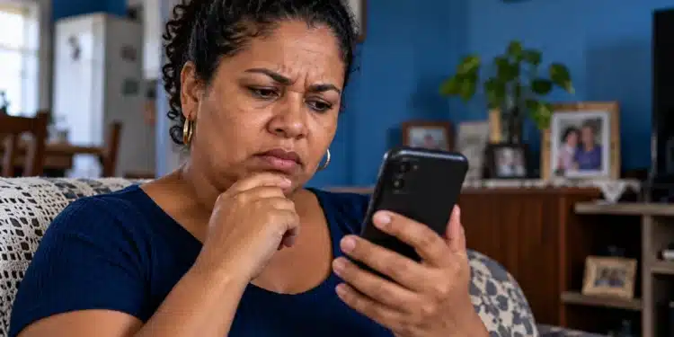 Mulher com expressão de preocupação observa a tela do celular em casa, ilustrando o alerta sobre golpes com cadastros falsos do PixMEI.