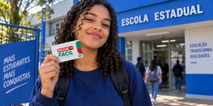 Estudante segura cartão do Passe Fácil Estudantil em frente a uma escola